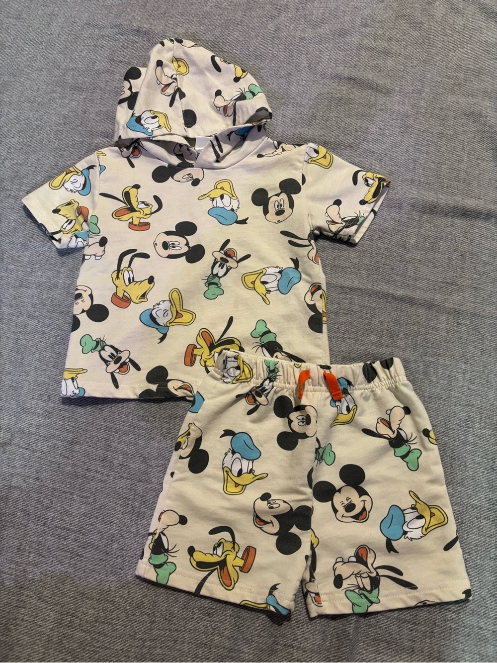 Disney Cream Short-Sleeve Hooded Pajama Set with Multi-Character Prints